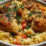 Delicious one-pot chicken and rice meal garnished with herbs.