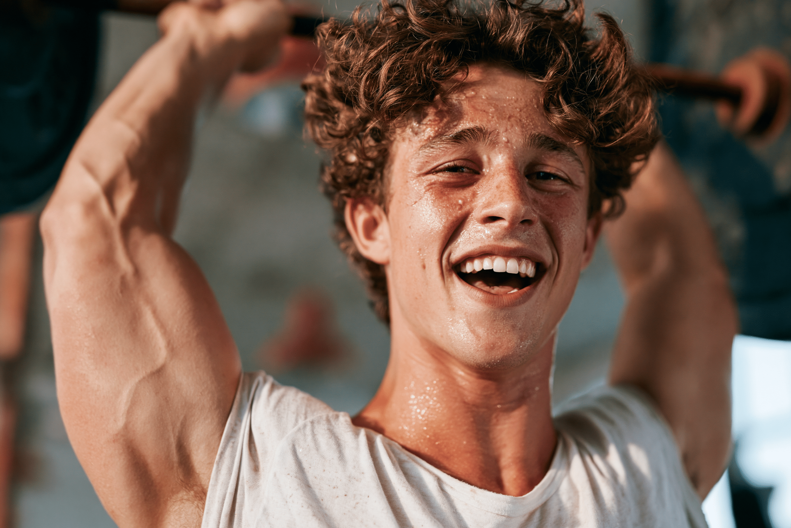 Person lifting weights, showing muscle definition, with a bright and energetic expression, in a gym setting.