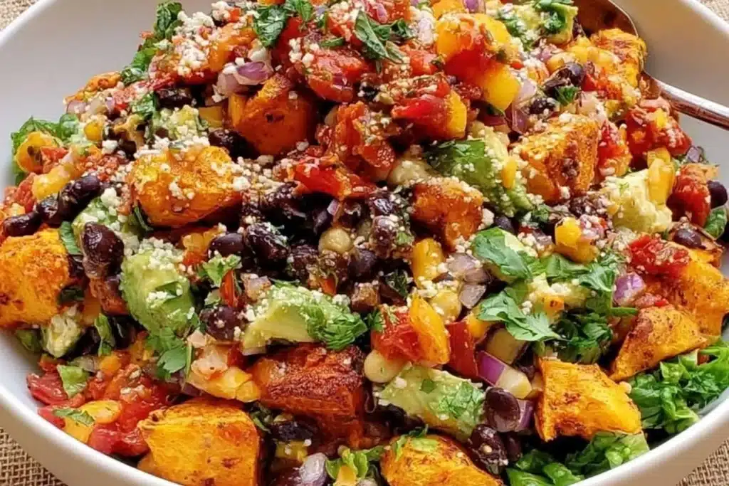 Healthy roasted sweet potato and black bean salad in a bowl