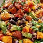Healthy roasted sweet potato and black bean salad in a bowl