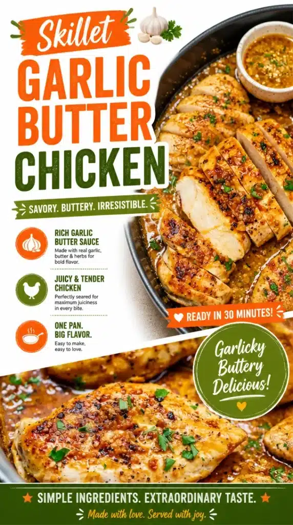 Skillet garlic butter chicken served on a plate with herbs