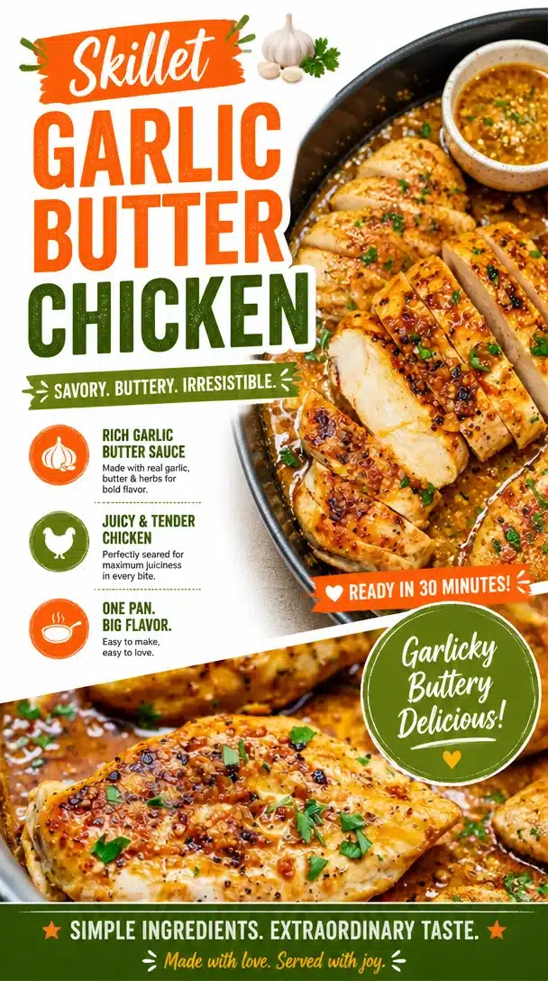 Skillet garlic butter chicken served on a plate with herbs
