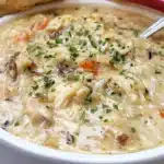 Delicious slow cooker chicken wild rice soup in a bowl with fresh ingredients.