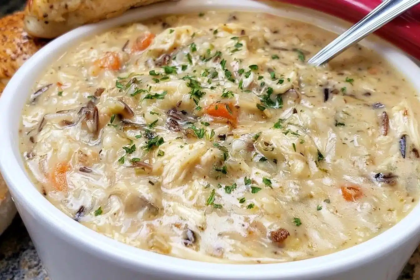 Delicious slow cooker chicken wild rice soup in a bowl with fresh ingredients.