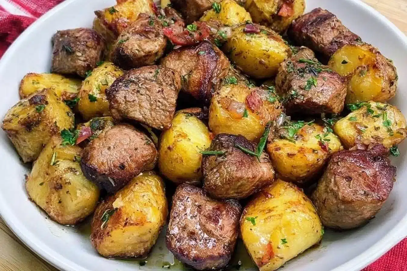 Delicious steak bites served with tender potatoes on a plate