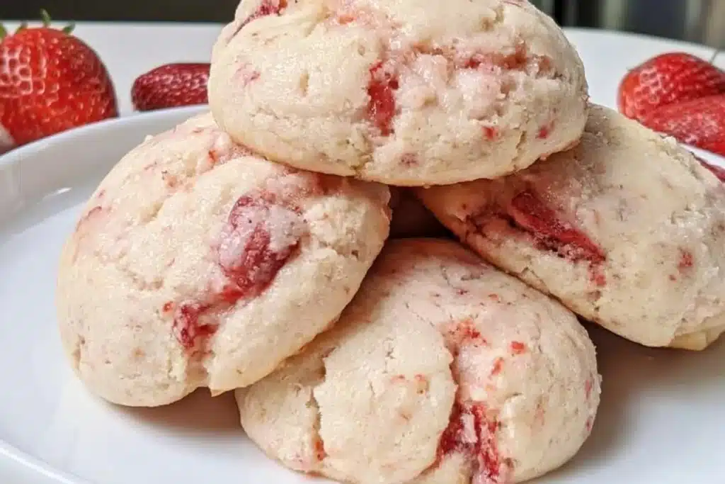 Freshly baked strawberry cookies on a plate