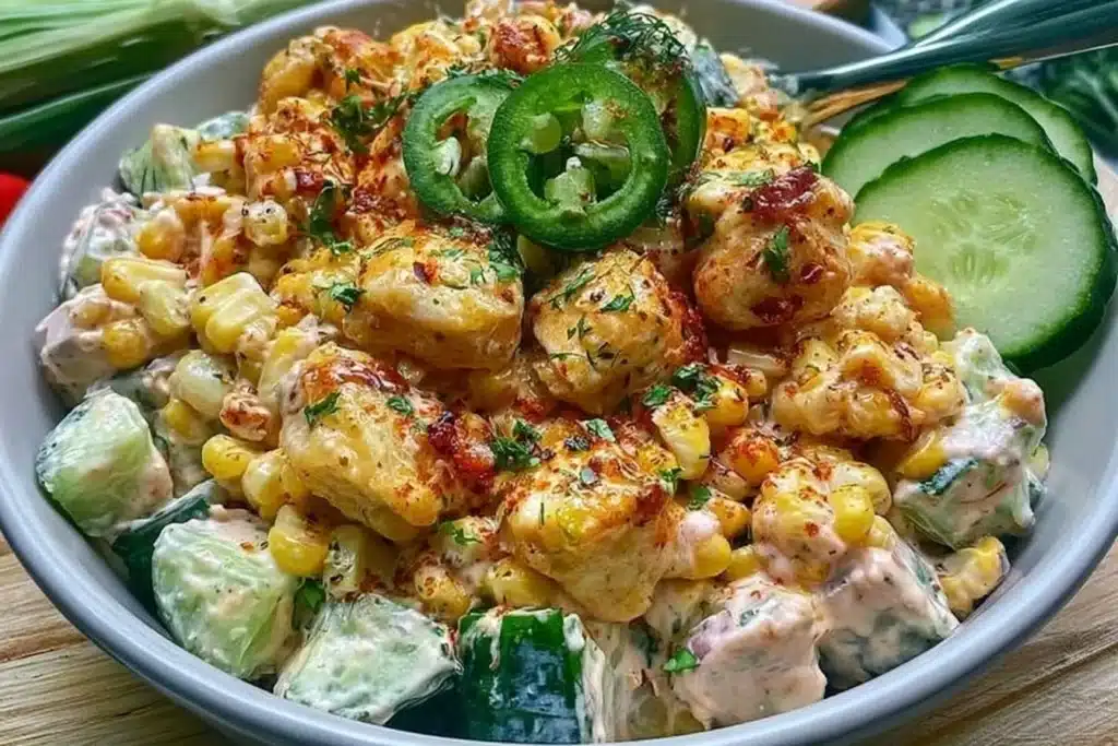 Street Corn Creamy Cucumber Chicken Salad served in a bowl with fresh ingredients