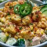 Street Corn Creamy Cucumber Chicken Salad served in a bowl with fresh ingredients