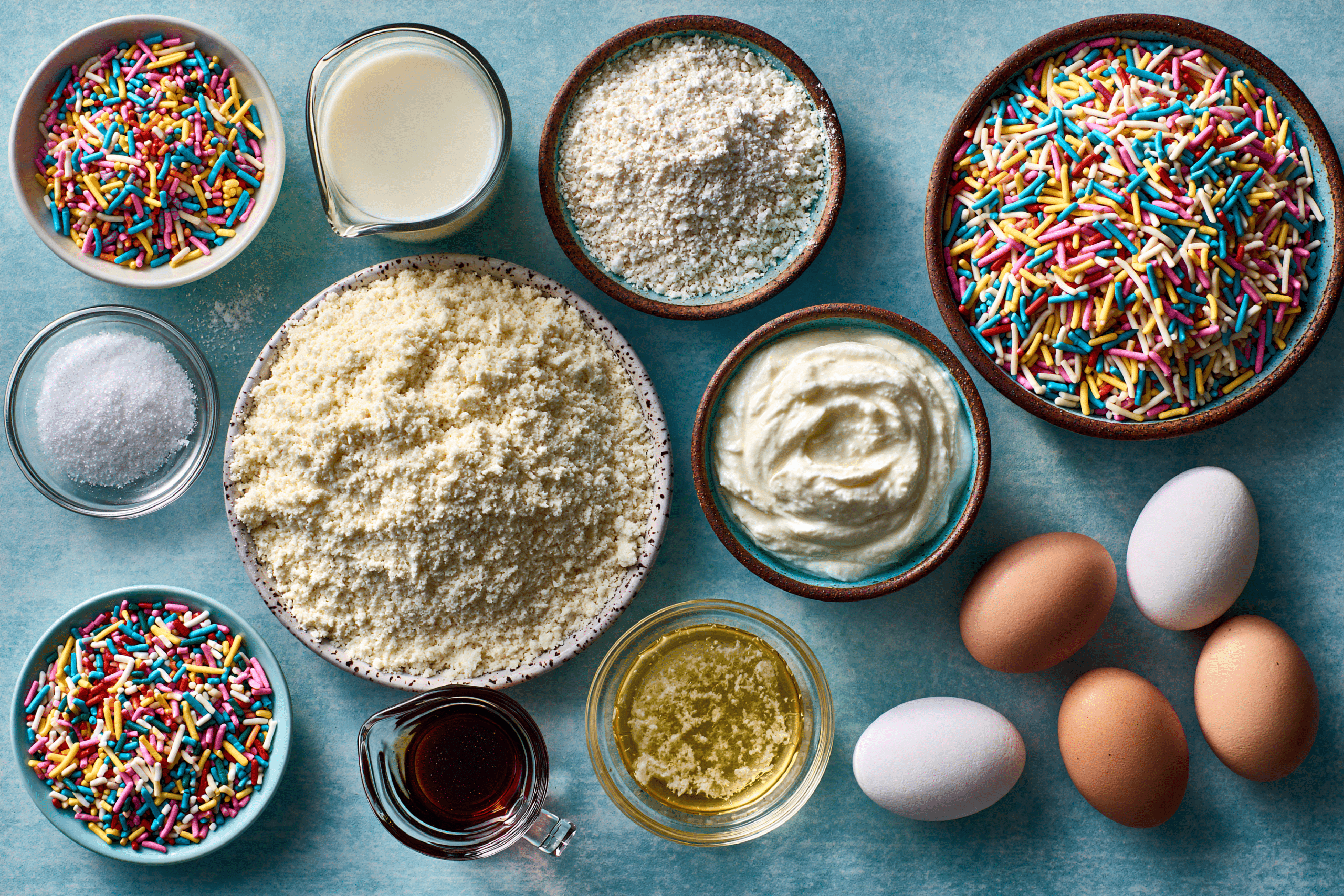 Tabletop shot of all the essential ingredients for a gluten-free protein dot cake laid out neatly: gluten-free flour, protein powder, sweetener, baking powder, salt, almond milk, Greek yogurt, eggs, vanilla extract, melted coconut oil, and sprinkles.