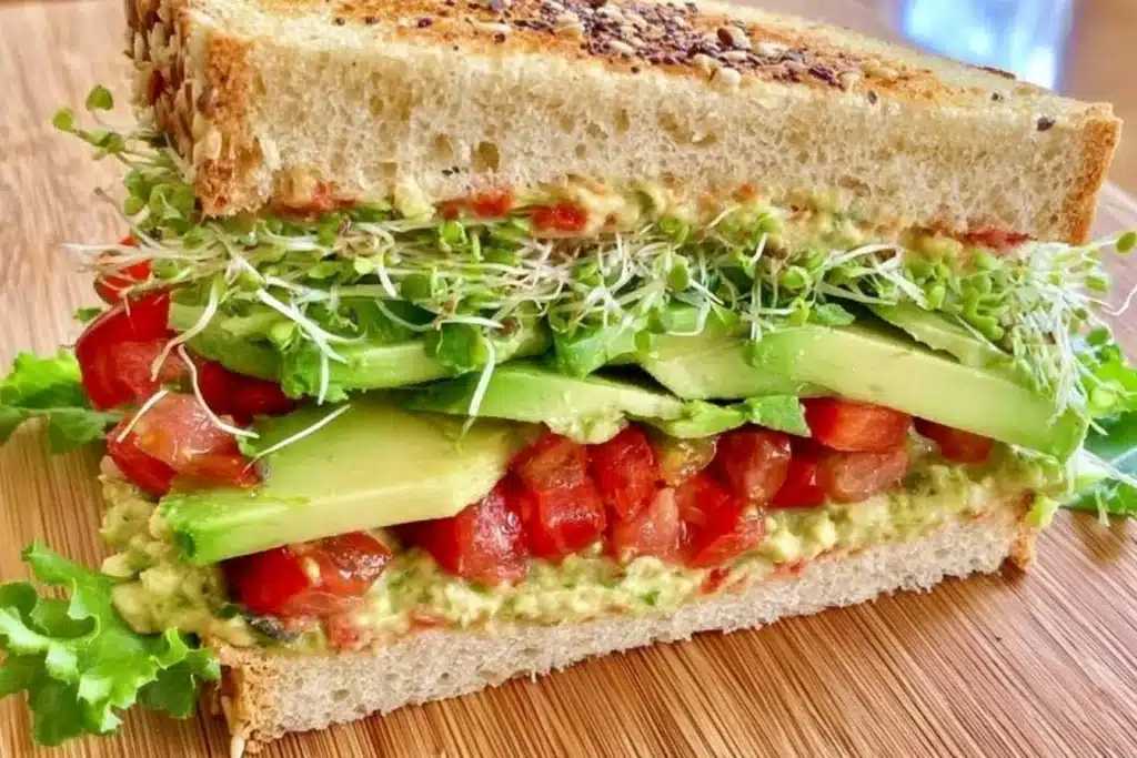 Veggie hummus avocado sandwich with fresh vegetables and whole grain bread