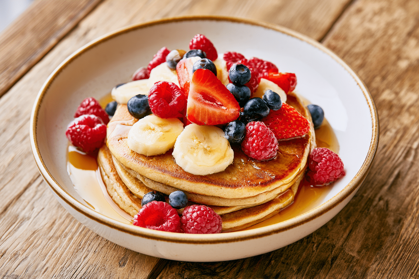 A beautifully arranged gluten-free protein pancake bowl, with golden brown pancakes stacked, topped with fresh berries, sliced banana, and a drizzle of honey, presented on a rustic wooden table.