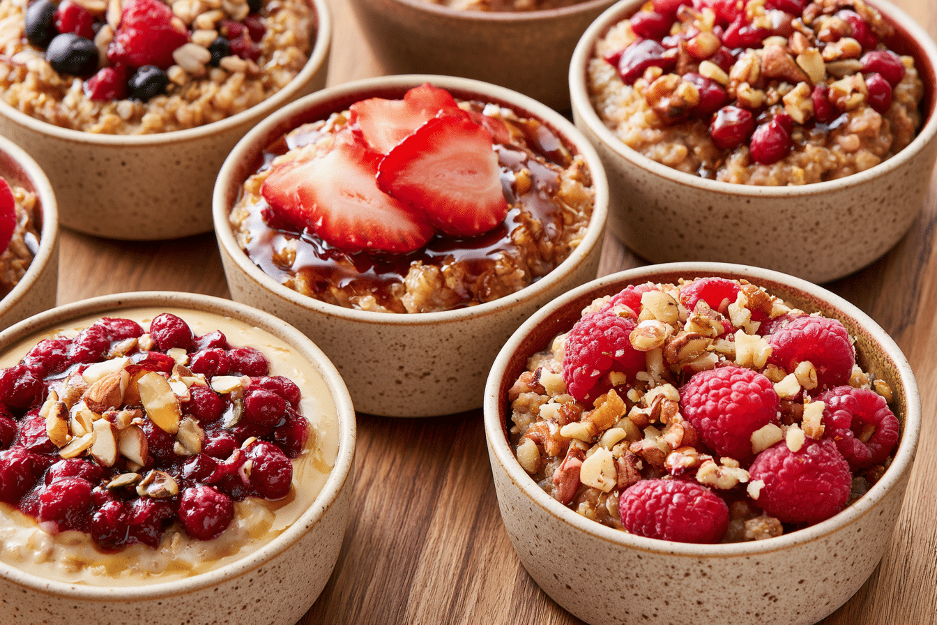 A beautifully styled baked grain dish with various toppings like fresh berries, nuts, and a drizzle of syrup, showcasing different flavor combinations.