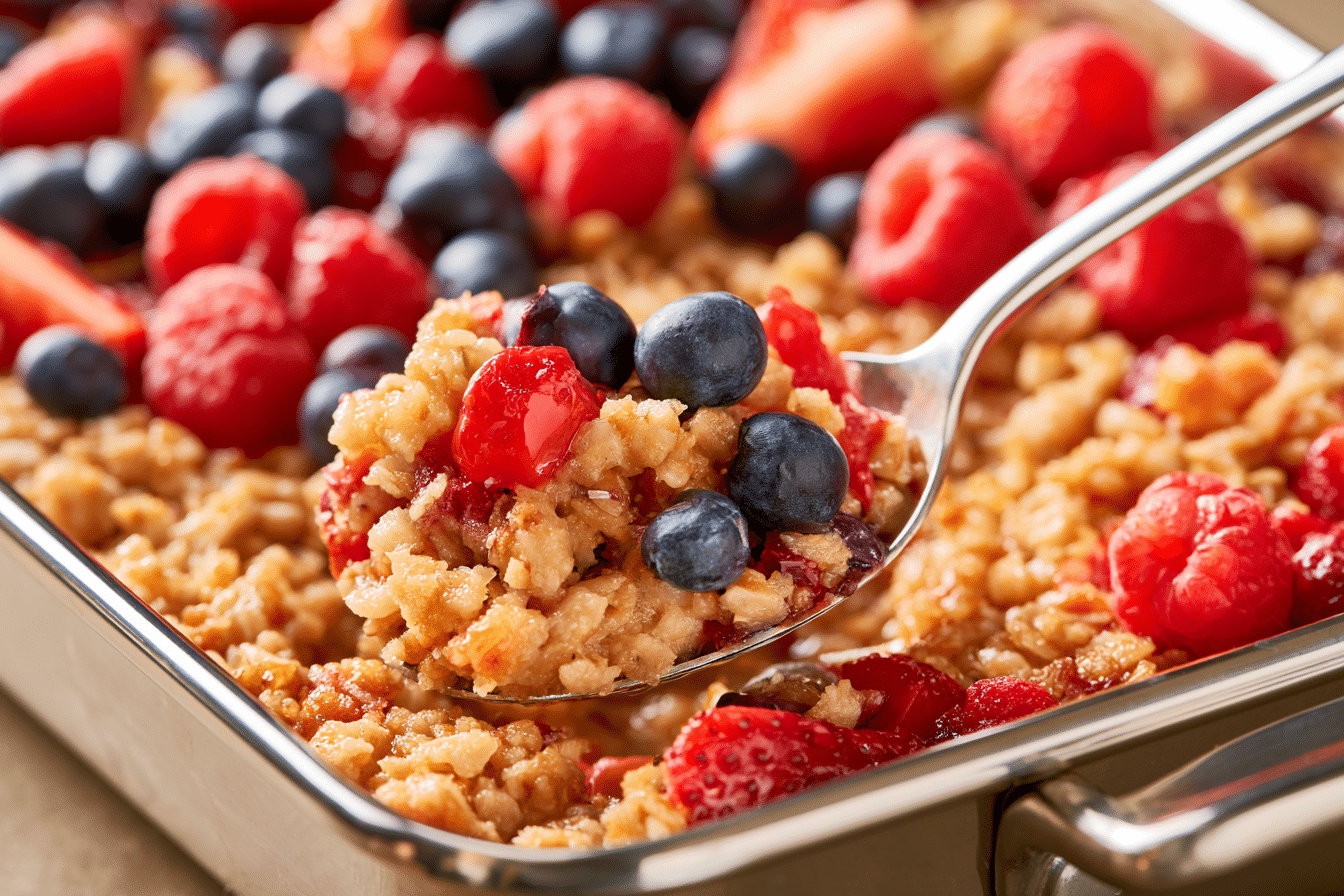A close-up photograph of a baked dish of gluten-free grain, golden brown and topped with fresh berries, with a spoon taking a scoop.