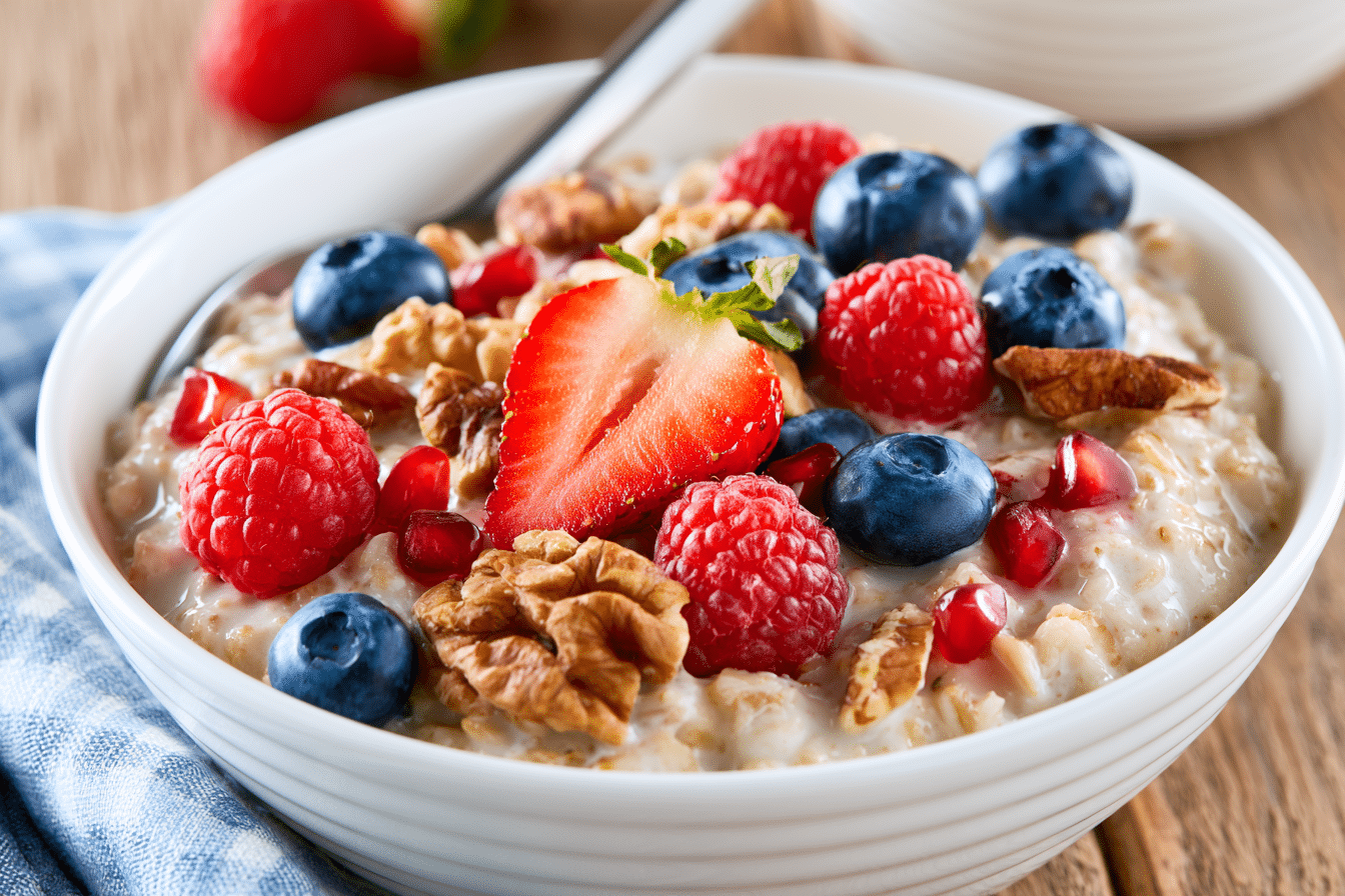 A close-up photograph of a bowl of gluten-free fiber-rich overnight oats, topped with berries and nuts, emphasizing its healthy and appealing nature.