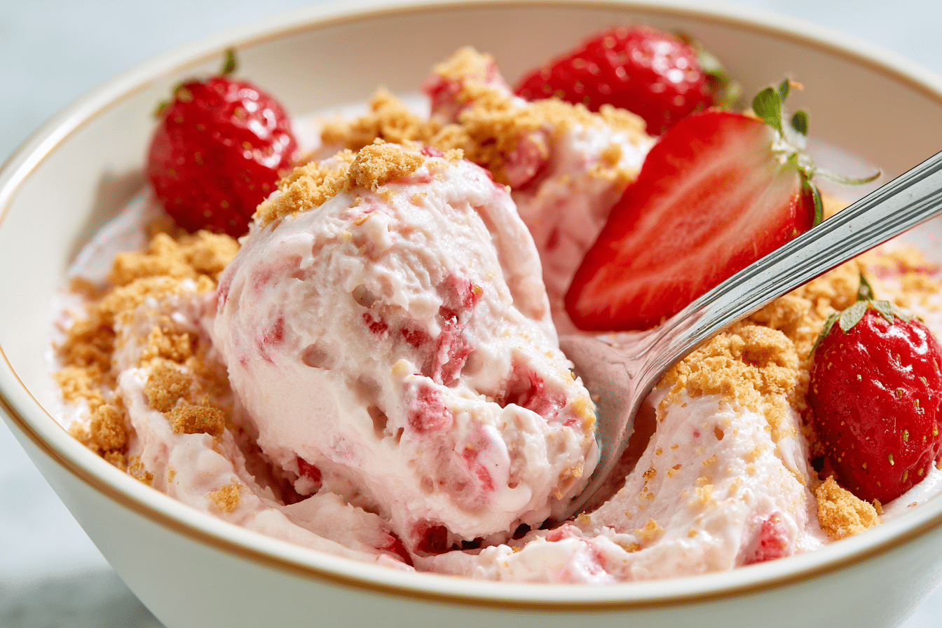 A close-up photograph of a bowl of homemade strawberry cheesecake cottage cheese ice cream, garnished with fresh strawberries and a sprinkle of graham cracker crumbs, with a spoon digging into the creamy dessert.