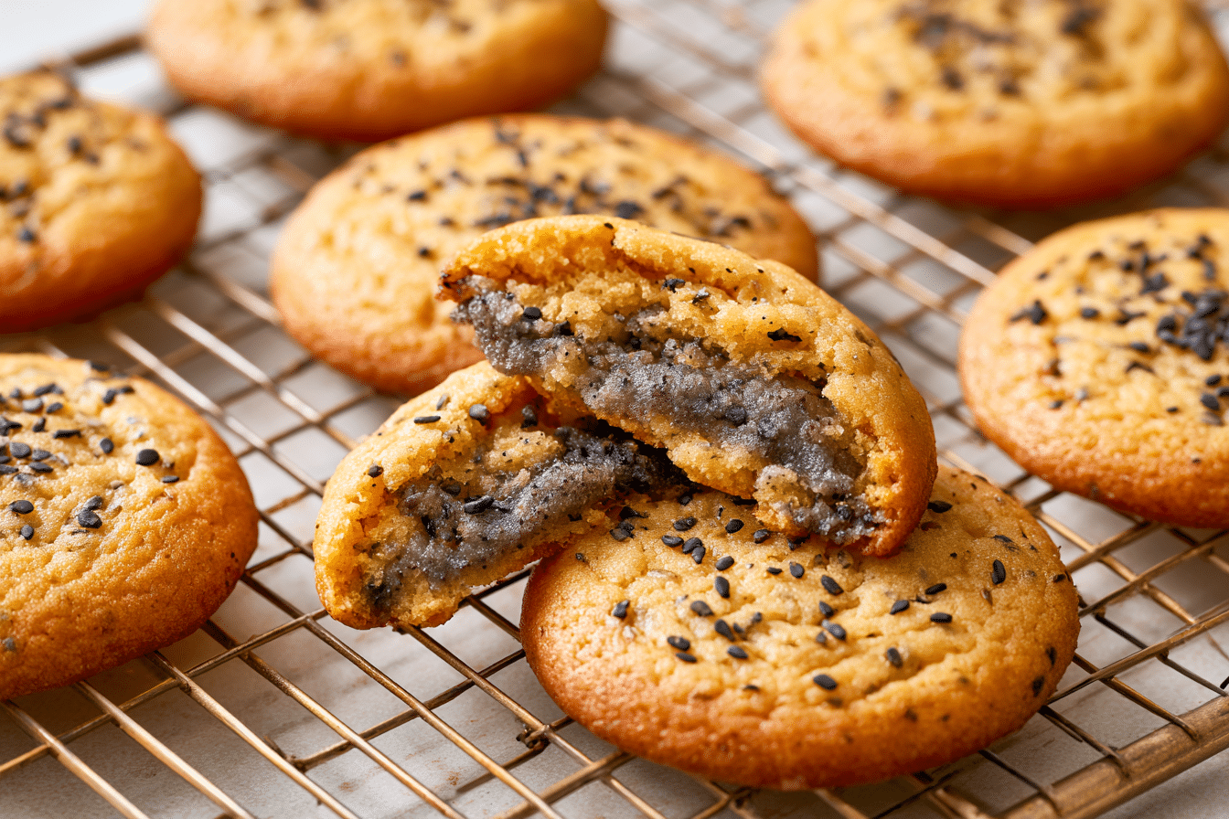 A close-up photograph of perfectly baked black sesame mochi cookies on a cooling rack, with a few cookies broken open to show the soft, chewy interior.