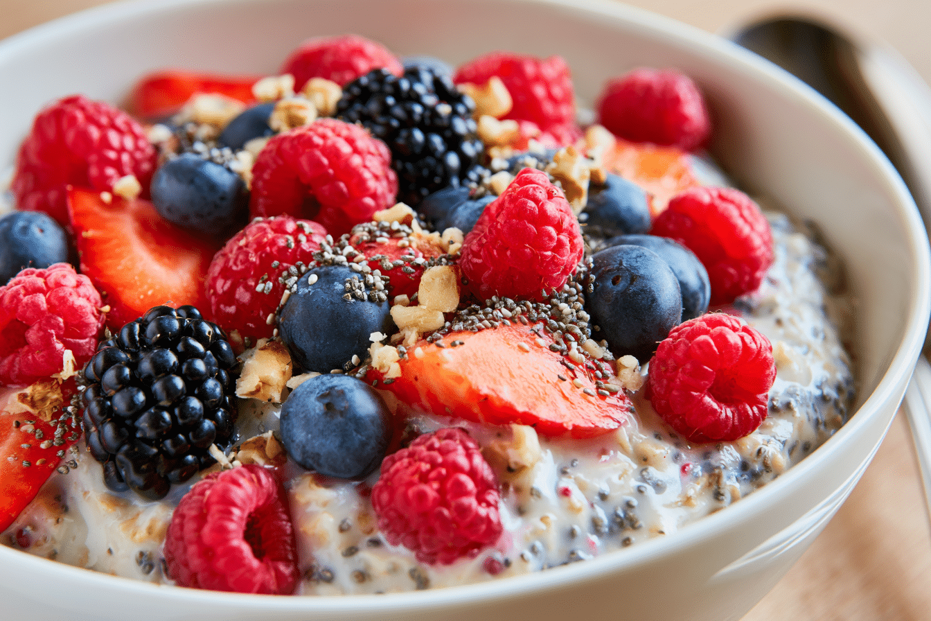 A close-up shot of a bowl of gluten-free fiber-rich overnight oats, adorned with a variety of colorful berries, chia seeds, and chopped nuts, highlighting the diverse add-ins.