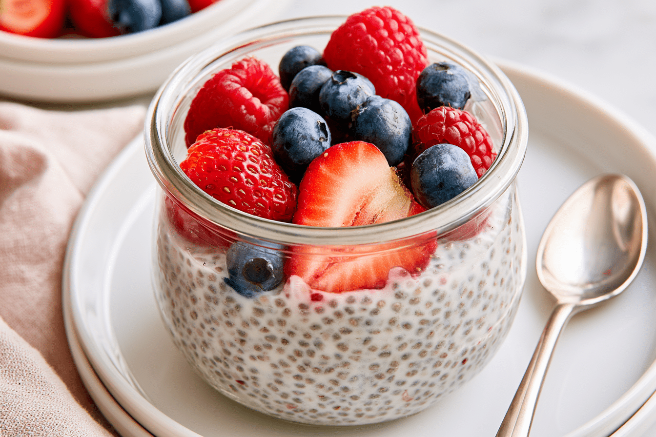 A close-up shot of a glass jar filled with high-protein coconut chia pudding, topped with fresh berries and a spoon. The pudding should look creamy and well-set.