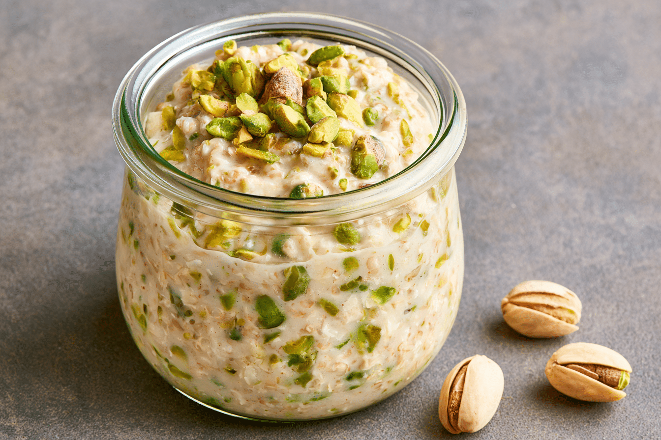 A close-up shot of pistachio overnight oats in a clear jar, highlighting the vibrant green pistachios and creamy texture, with a few whole pistachios scattered around the base of the jar.