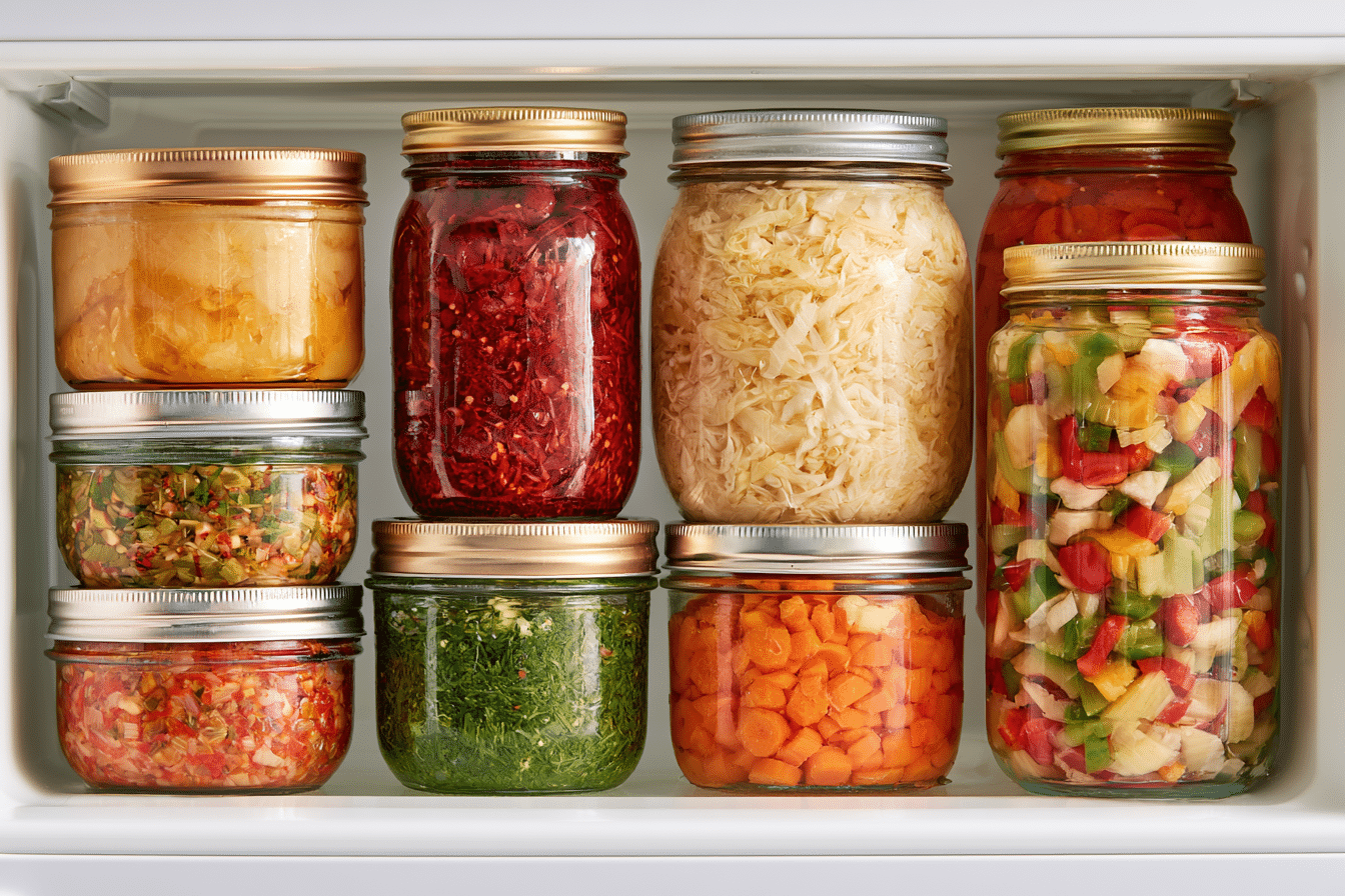 A collection of glass jars filled with overnight preparations, neatly arranged in a refrigerator, with labels indicating preparation dates.
