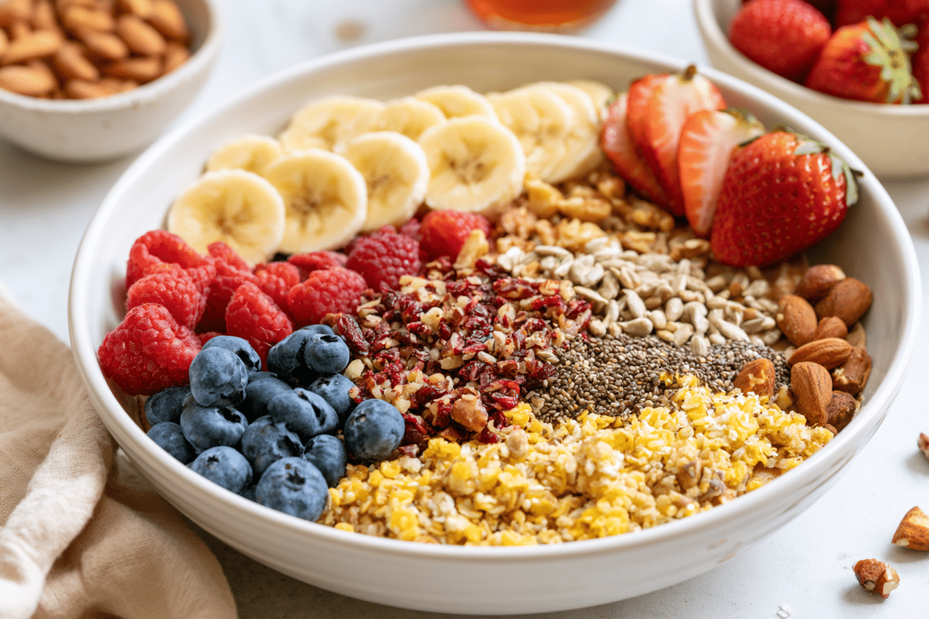 A dietitian-approved gluten-free protein pancake bowl with various healthy toppings like nuts, seeds, and fresh fruit, on a clean, light background.
