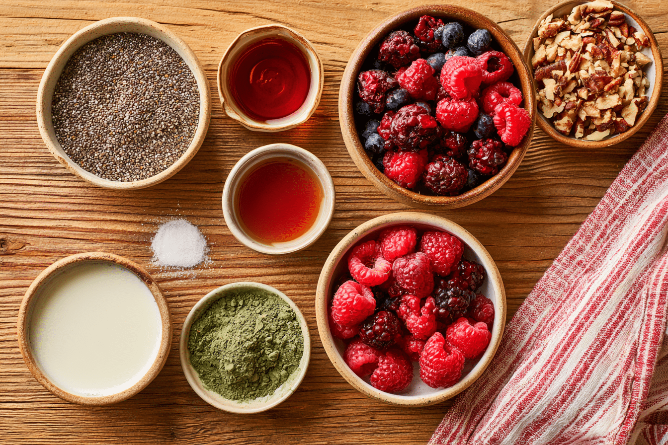 A flat lay photograph of all the ingredients for roasted green tea chia pudding laid out on a wooden table. Ingredients include chia seeds, plant-based milk, roasted green tea powder, maple syrup, vanilla extract, and a pinch of salt. Bowls of fresh berries and chopped nuts are also present as toppings.