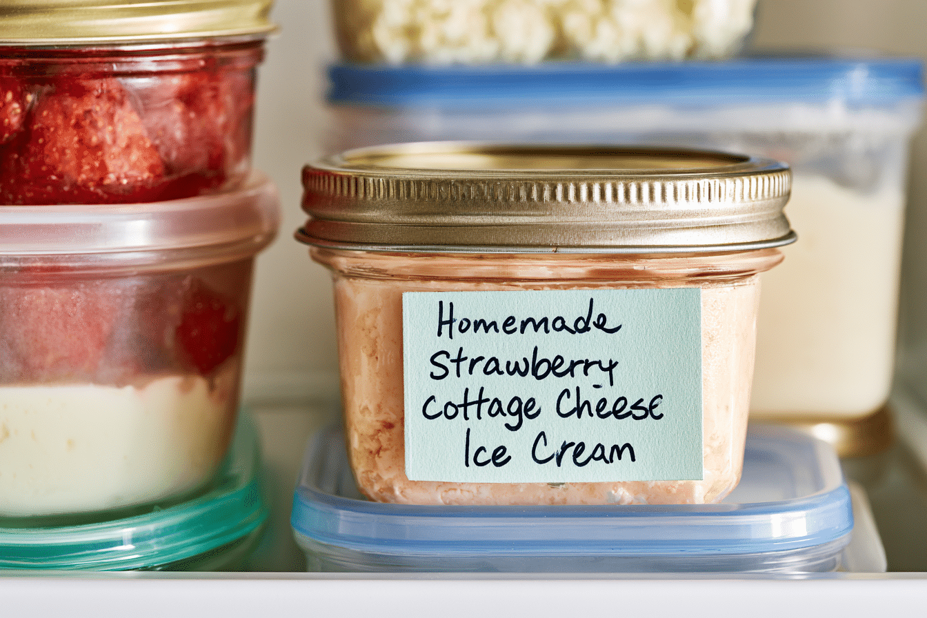 A neatly stacked freezer with various airtight containers, one of which is labeled "Homemade Strawberry Cottage Cheese Ice Cream," emphasizing organization and proper storage.