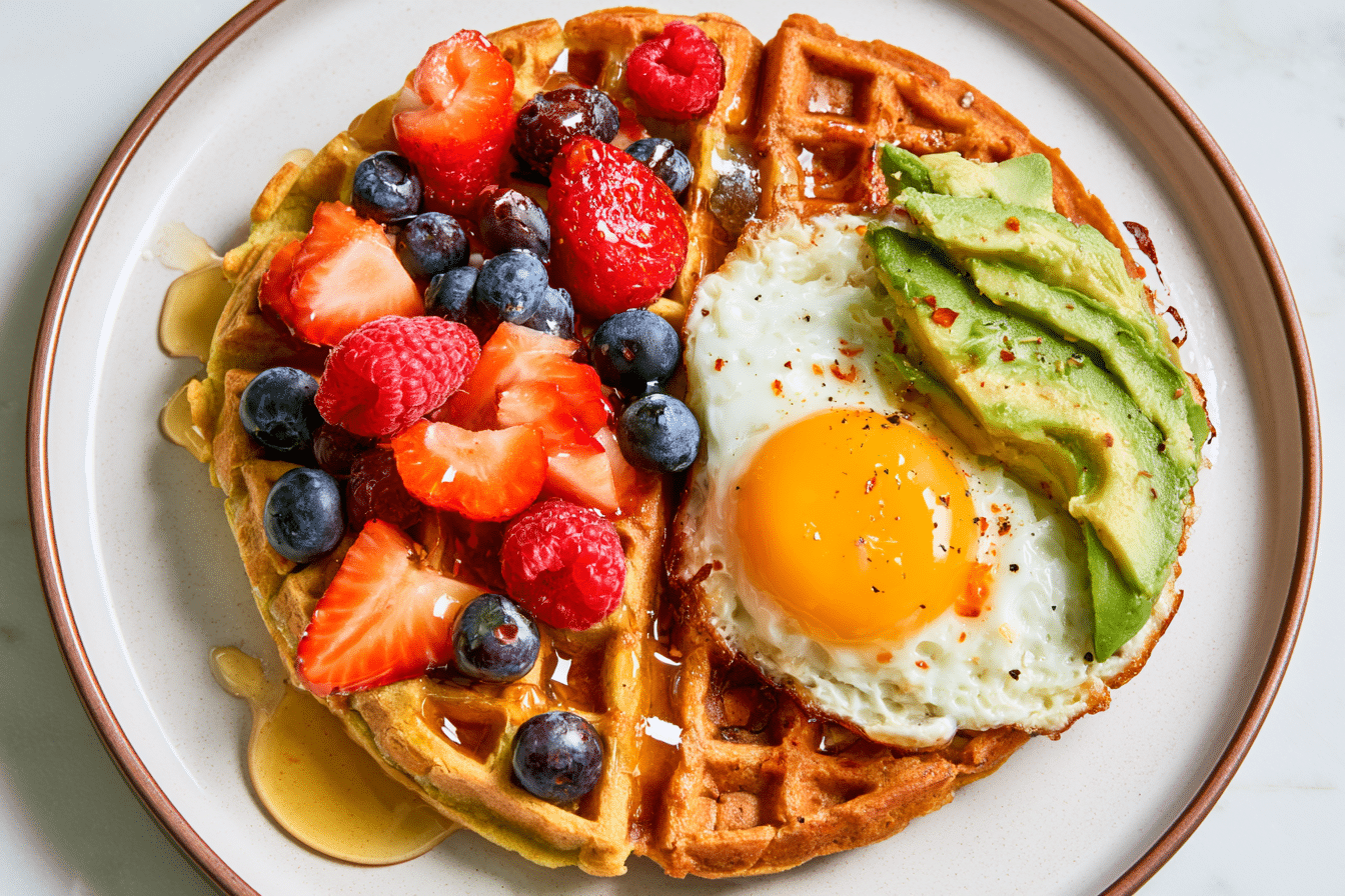 A red lentil waffle half-topped with fresh berries and a drizzle of honey, and the other half topped with a fried egg and avocado slices, showcasing both sweet and savory combinations.