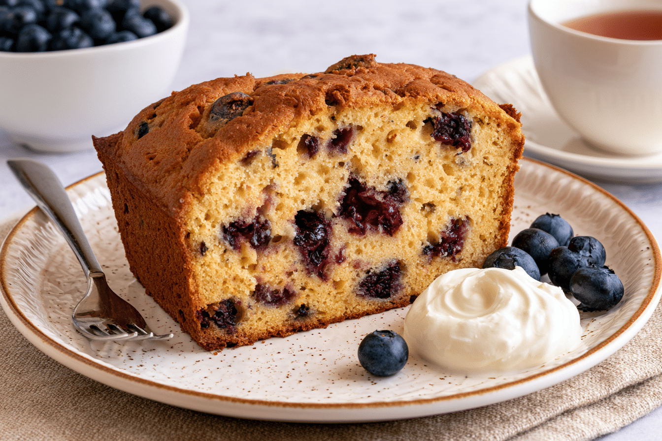 A slice of gluten-free lemon blueberry protein loaf on a plate, with a dollop of Greek yogurt and fresh blueberries on the side. A cup of tea is in the background.