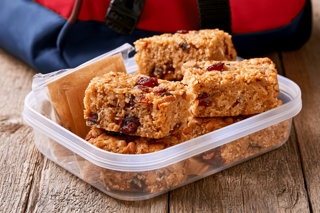arranged gluten-free breakfast bars in an airtight container, some individually wrapped, with a school backpack in the background