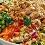 Delicious Asian Chicken Crunch Salad with fresh vegetables and crunchy toppings.