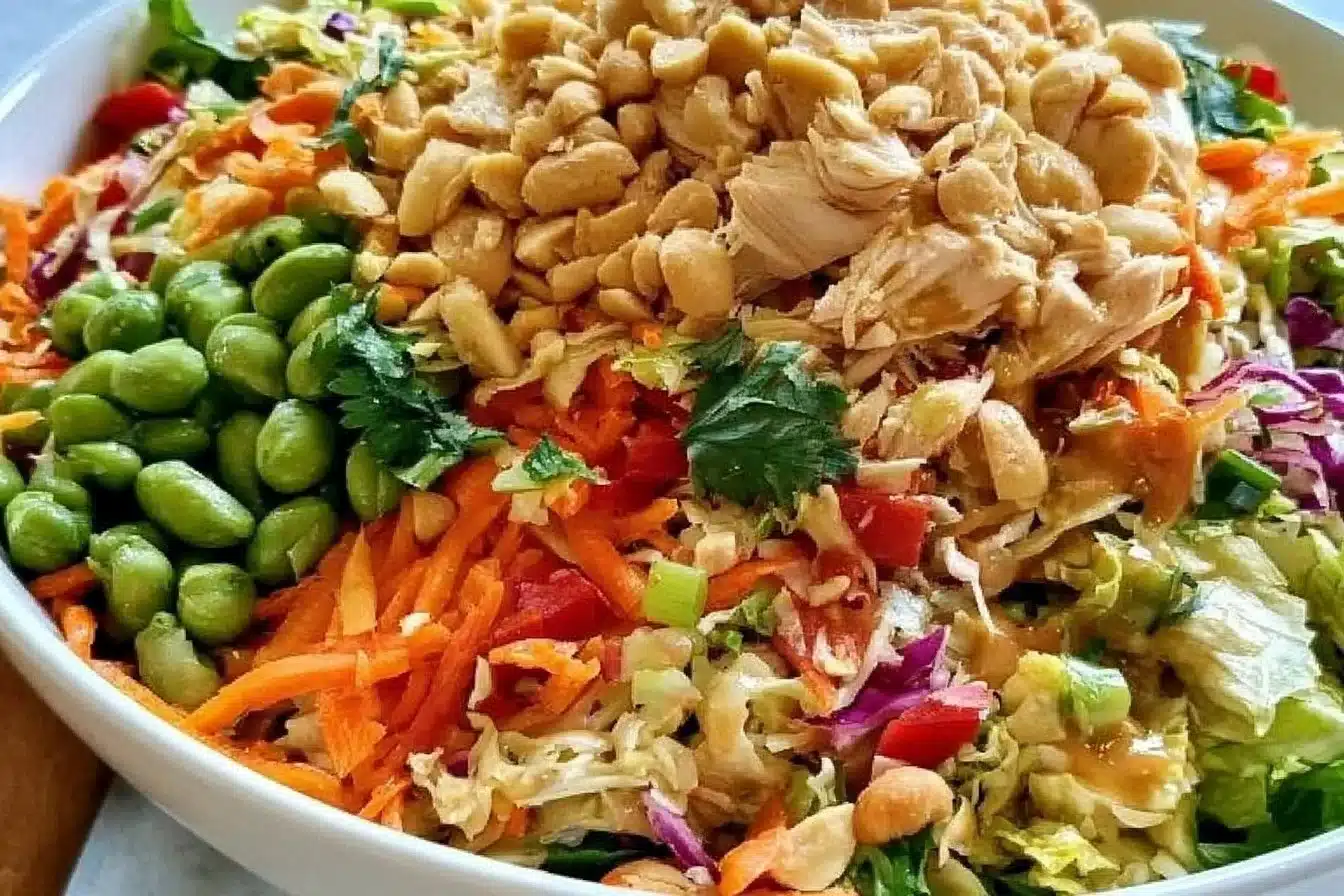 Delicious Asian Chicken Crunch Salad with fresh vegetables and crunchy toppings.