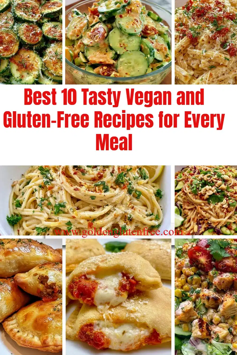 A colorful spread of vegan and gluten-free recipes including salads and entrees.