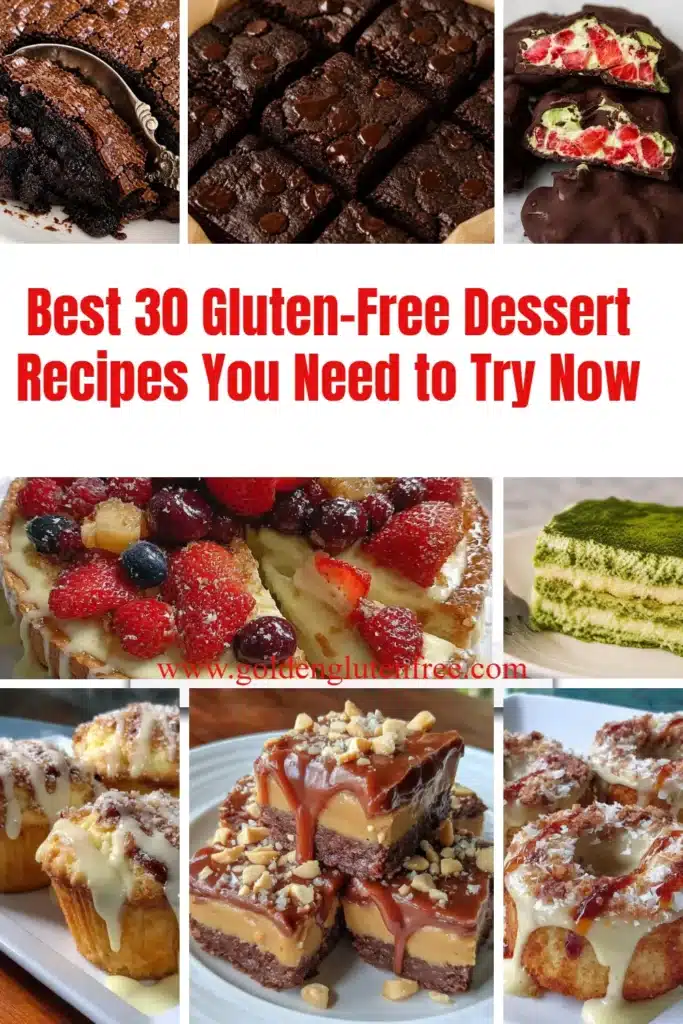 A selection of gluten-free desserts including cakes and pastries.