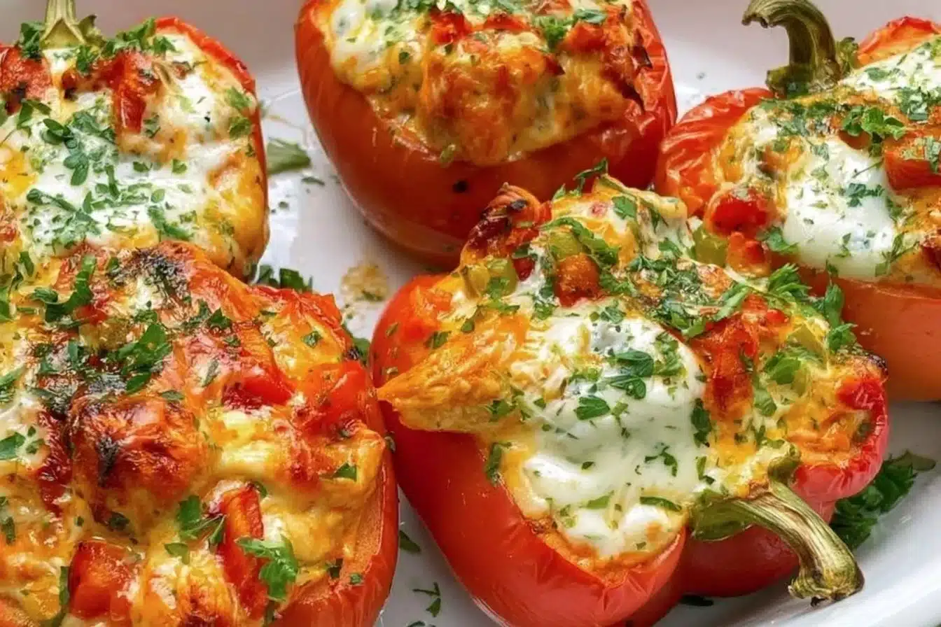 Buffalo Chicken Stuffed Peppers baked and ready to serve on a plate