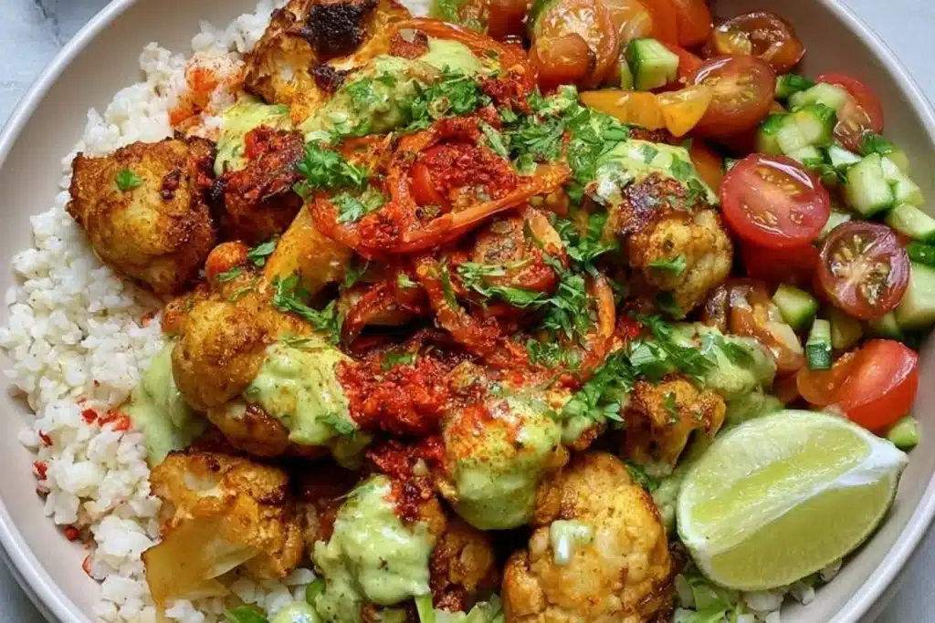 Delicious Cauliflower Shawarma Bowls with vibrant vegetables and spices