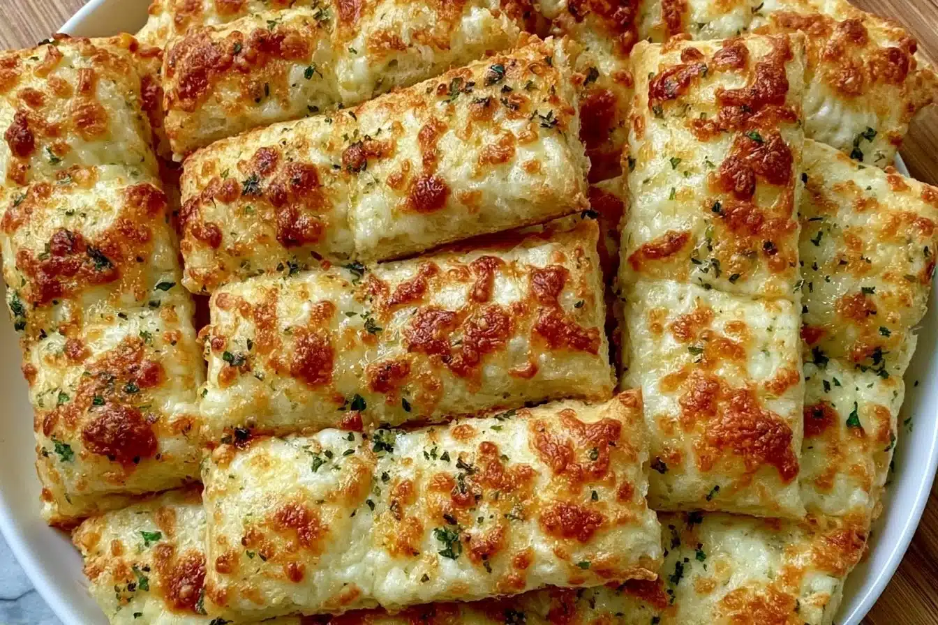 Delicious cheesy garlic breadsticks baked to perfection with herbs