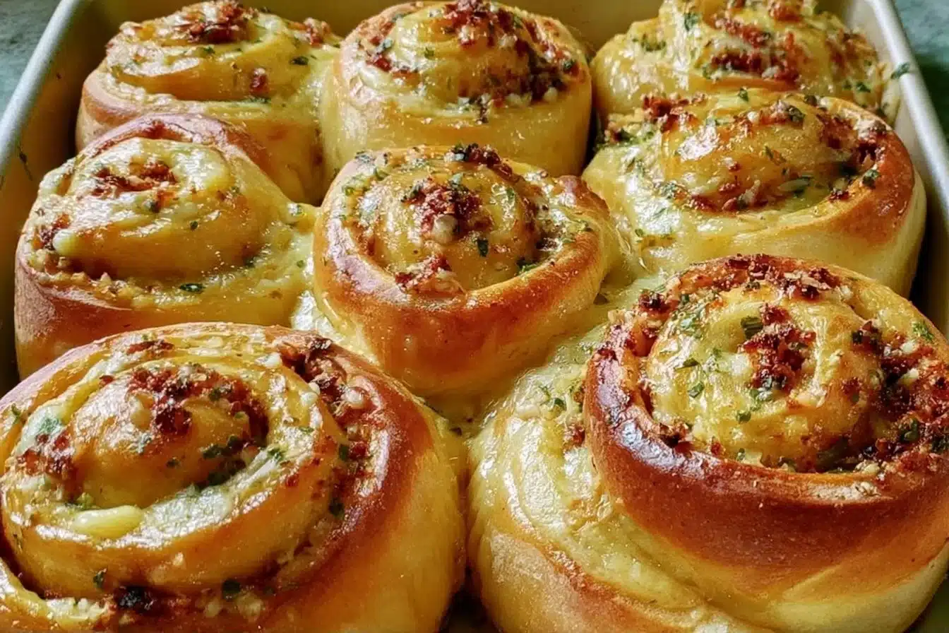 Homemade cheesy garlic cinnamon rolls topped with savory garlic seasoning and cheese