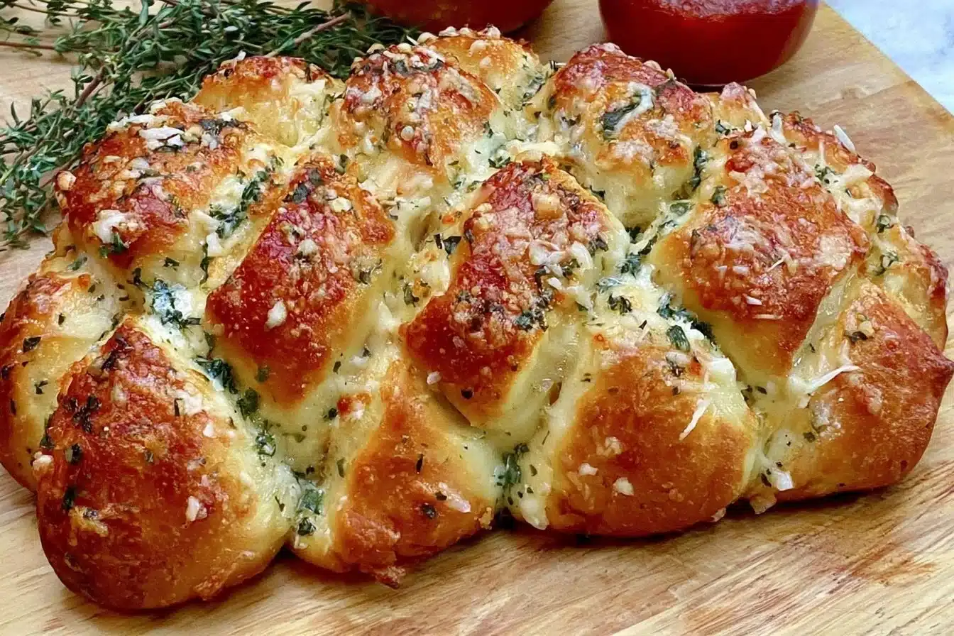 Cheesy pull-apart garlic-butter bread served in a rustic setting