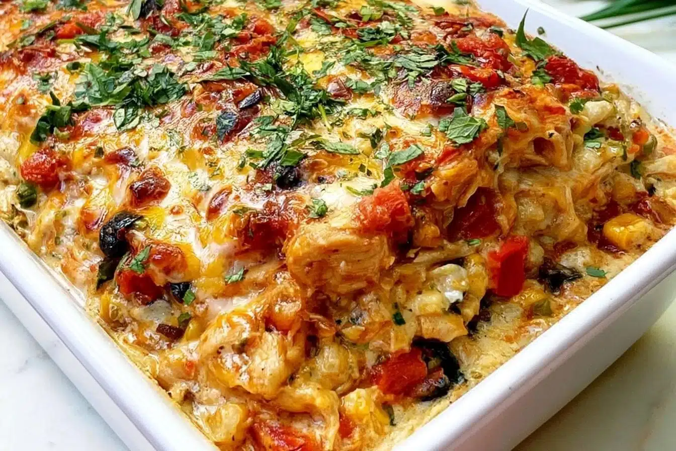 Delicious Chicken Burrito Casserole with layers of tortillas, chicken, and cheese