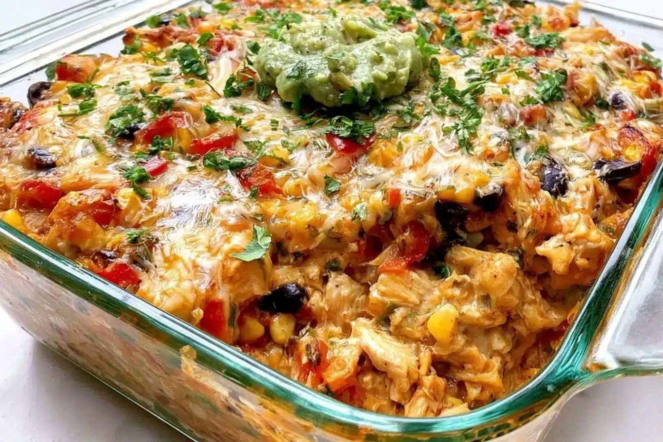 Delicious chicken burrito casserole baked in a dish, ready to serve.