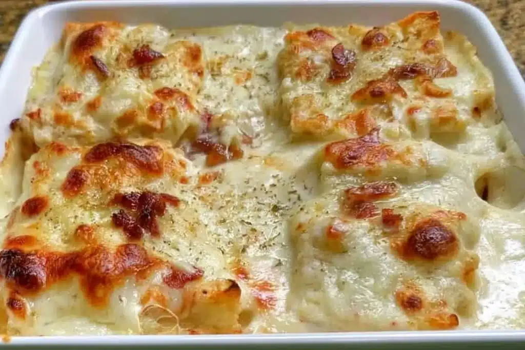 Easy Chicken Cordon Bleu casserole served in a dish for family dinner.
