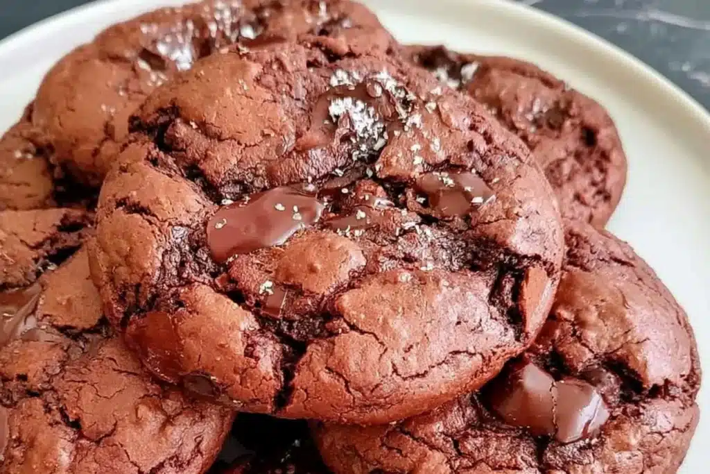 Chocolate gluten free brownie cookies on a plate, delicious and fudgy.