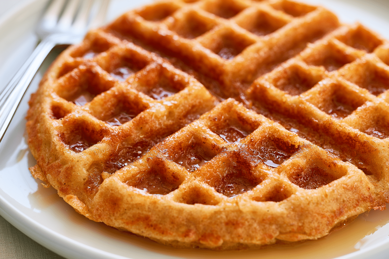 Close-up of a perfectly cooked, golden-brown red lentil waffle with a crispy exterior and fluffy interior, ready to be served.