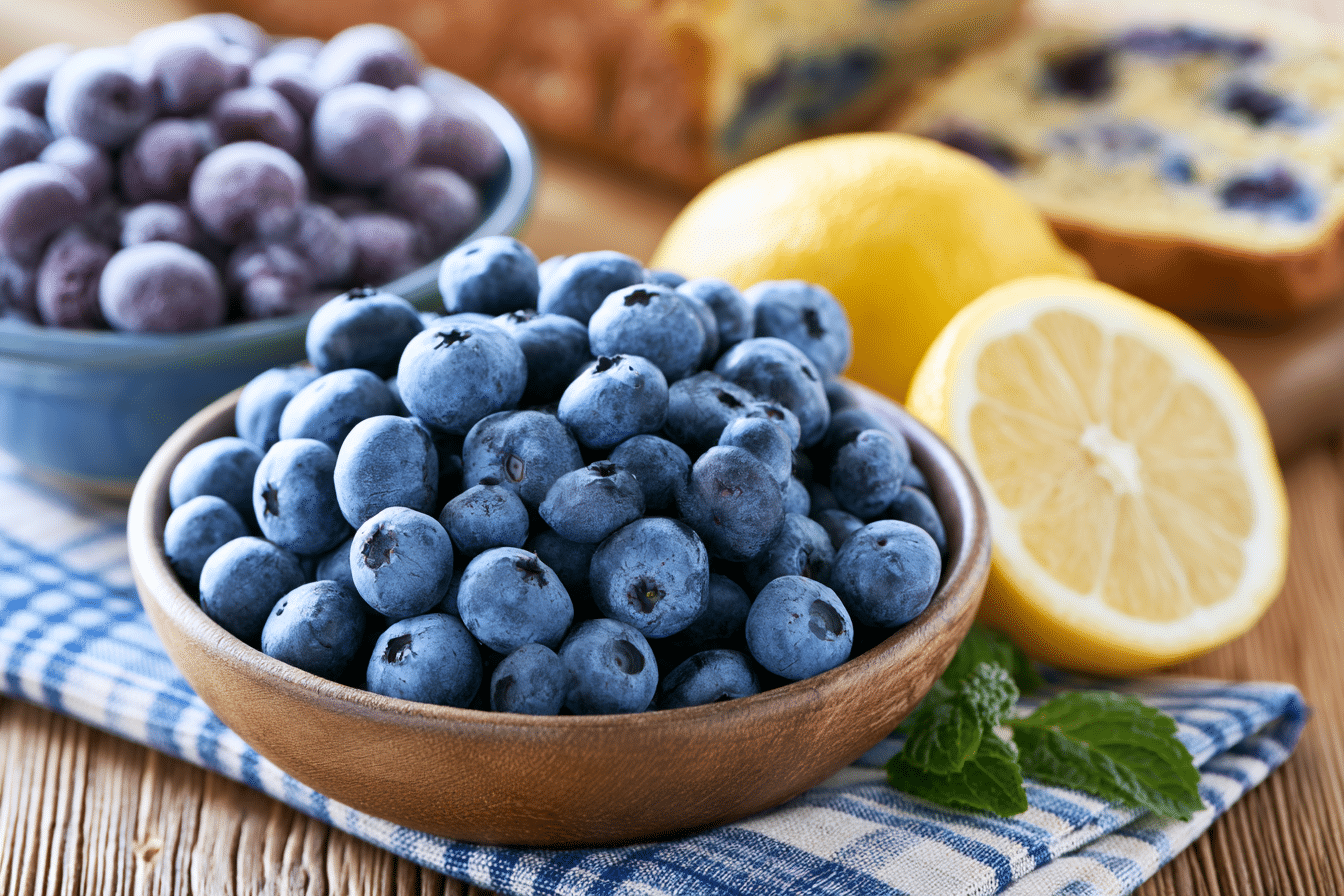 Close-up photograph of fresh blueberries next to a bowl of frozen blueberries, with a lemon and a slice of gluten-free lemon blueberry protein bread in the background.
