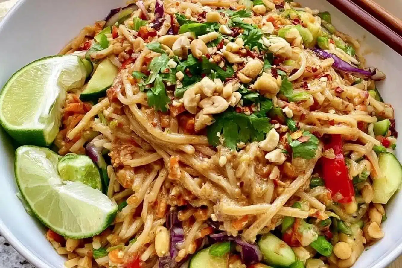 Delicious Cold Thai Noodle Salad with colorful vegetables and herbs