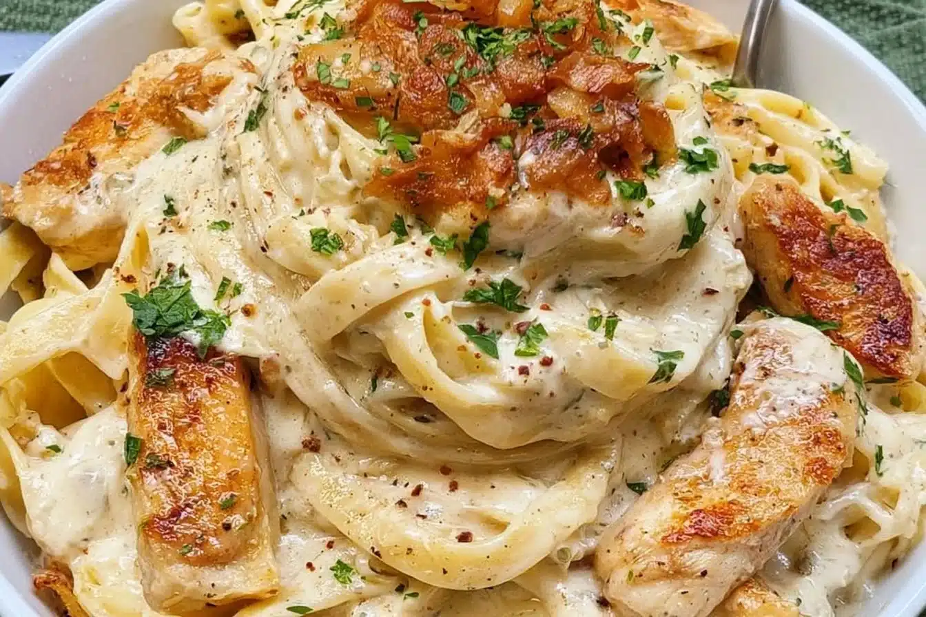 Creamy Chicken Fettuccine Alfredo served in a bowl with parsley garnish.