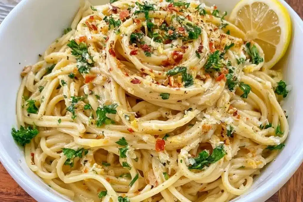 Creamy vegan lemon pasta dish garnished with herbs and lemon zest.