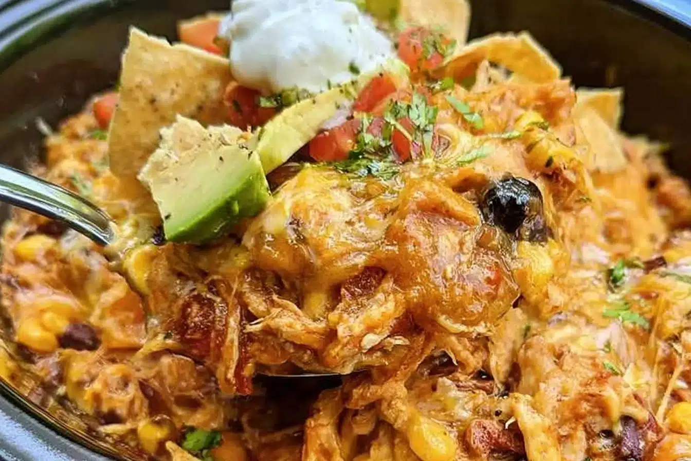 Crockpot Chicken Enchiladas Casserole served in a dish garnished with cilantro