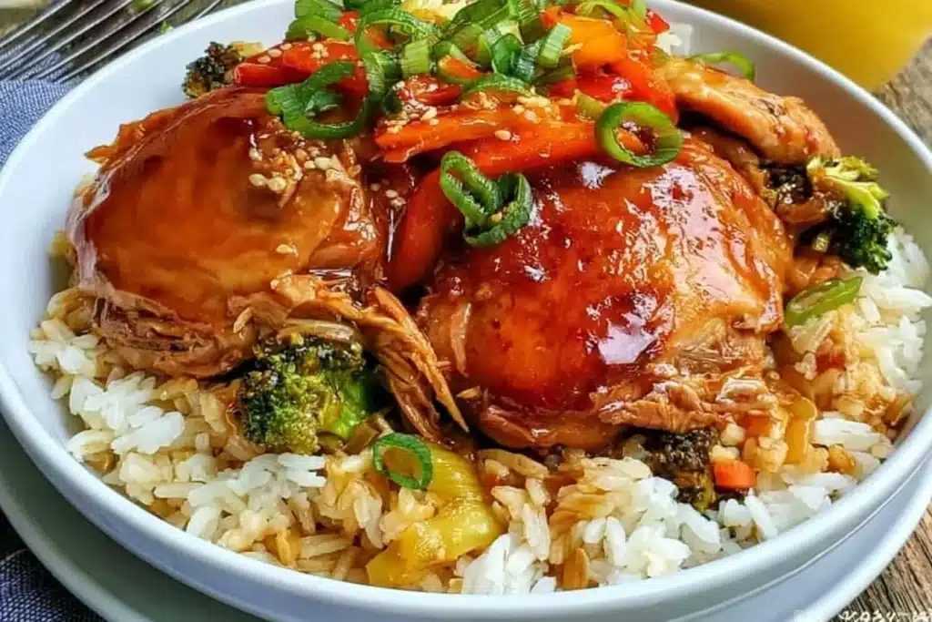 Crockpot Teriyaki Chicken served in a bowl with steamed rice and vegetables.